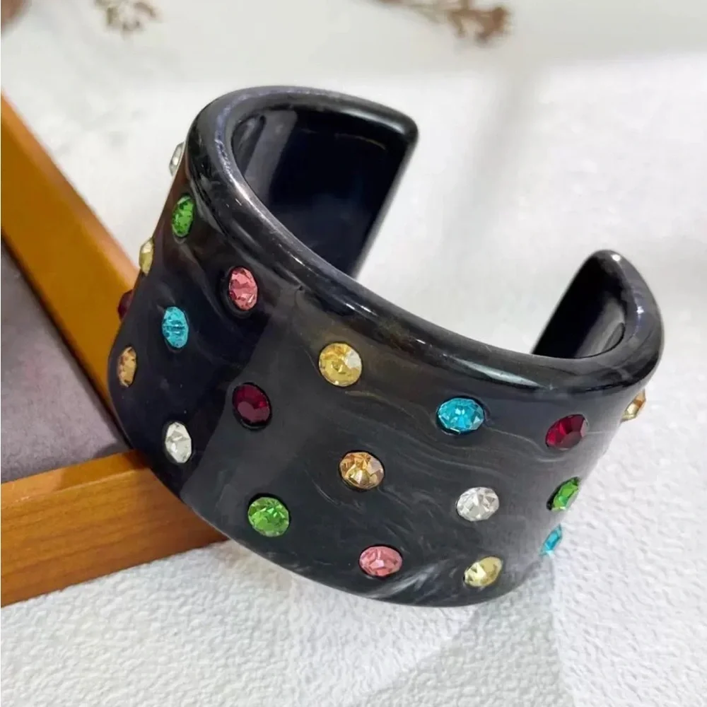 Statement Resin Cuff Bracelet – Multicolor Rhinestone Studded